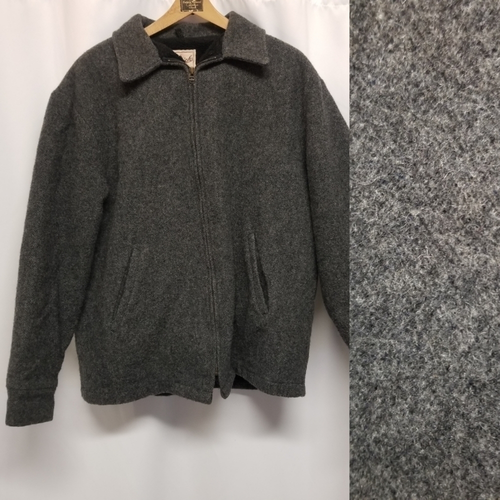 Vintage 80s Retro Woolrich Gray Wool Blend Black Faux Fur Car‎ Stadium Coat Lg